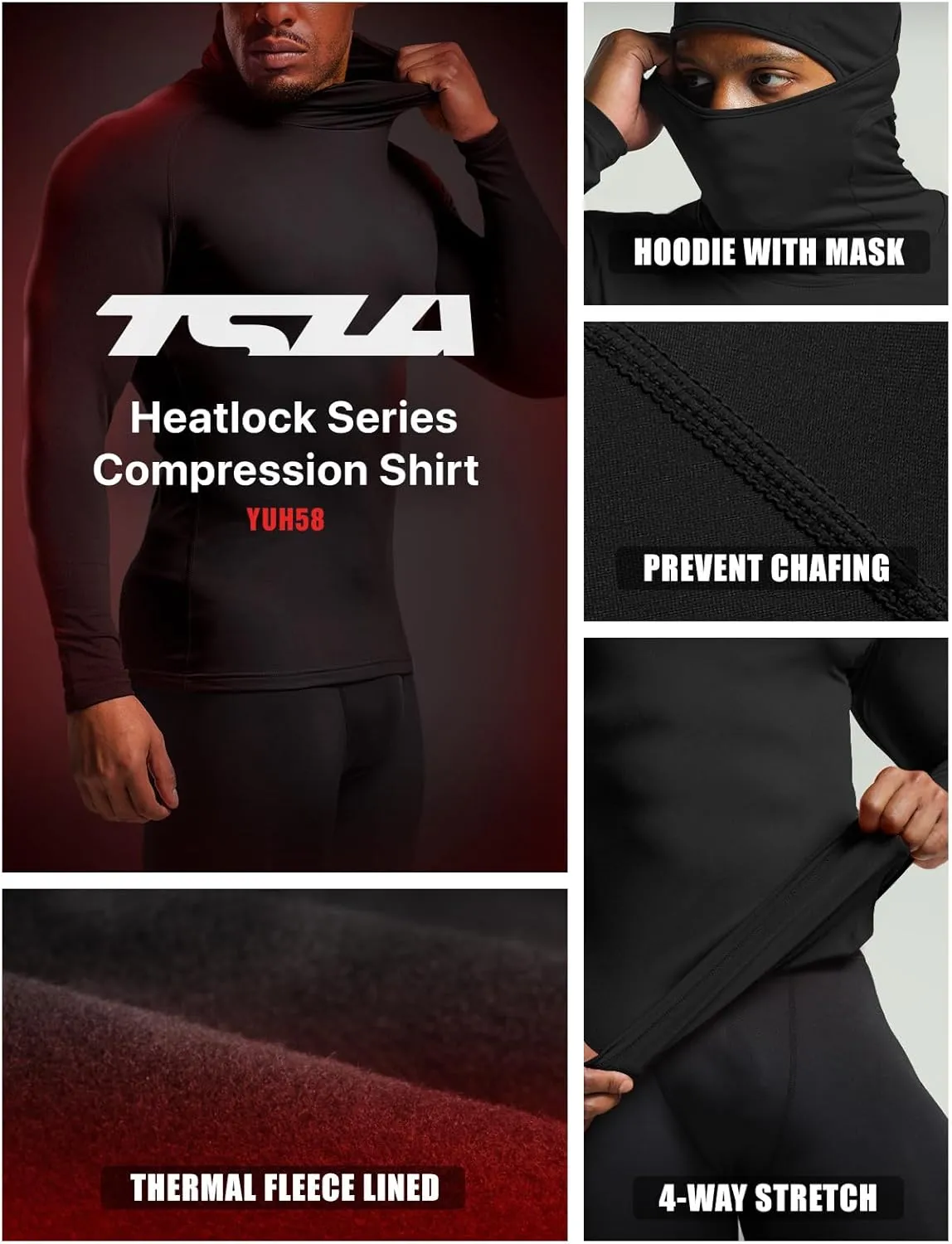 TSLA Men's Thermal Compression Shirts Hoodie with Mask, Long Sleeve Winter Sports Base Layer Top, Active Running Shirt