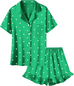 Umeyda Girls & Women Satin Pajamas Set Button Down 2 Piece Silk Pjs Shorts Set Ruffle Sleepwear, 5 Years-Women L