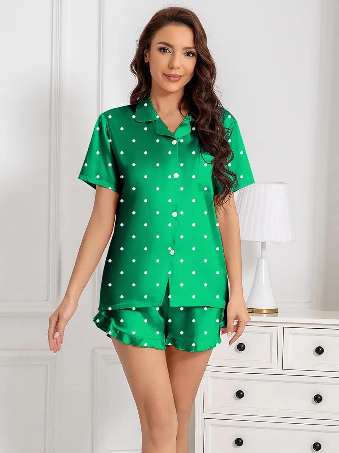 Umeyda Girls & Women Satin Pajamas Set Button Down 2 Piece Silk Pjs Shorts Set Ruffle Sleepwear, 5 Years-Women L
