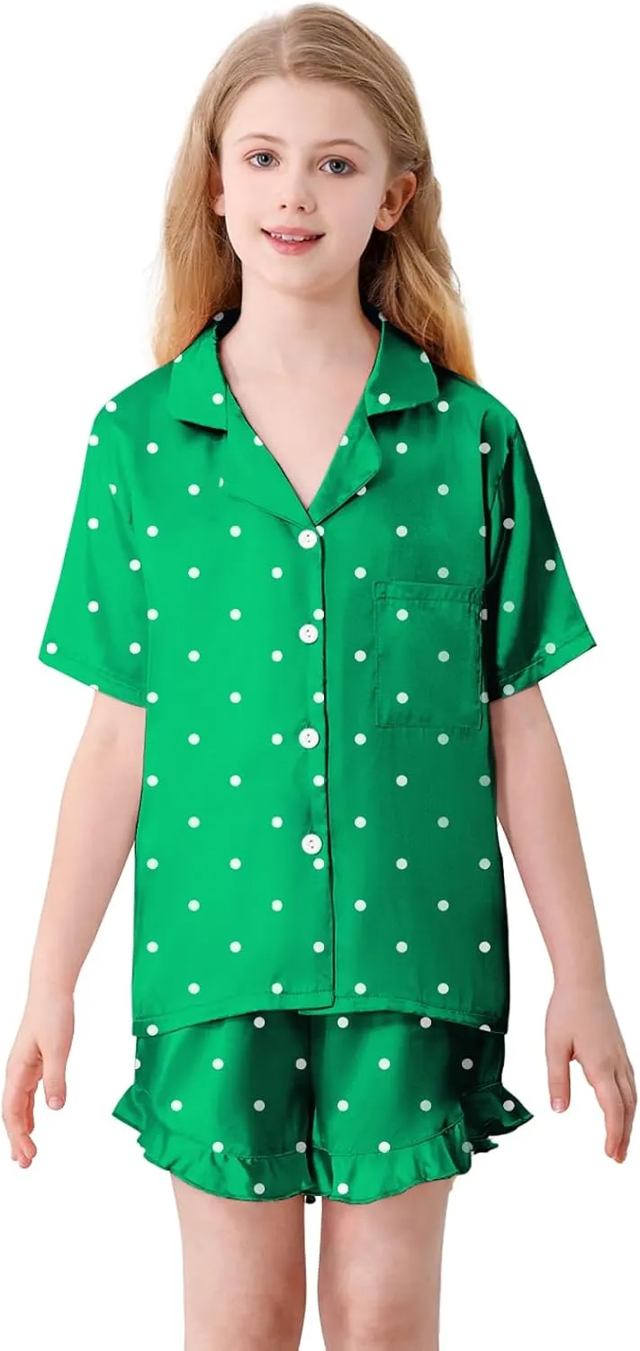 Umeyda Girls & Women Satin Pajamas Set Button Down 2 Piece Silk Pjs Shorts Set Ruffle Sleepwear, 5 Years-Women L