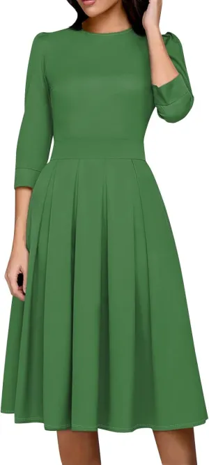 Vintage Dress for Women Formal 3/4 Sleeve Wear to Work Dress Business Casual Crew Neck A Line Midi Dress with Pockets