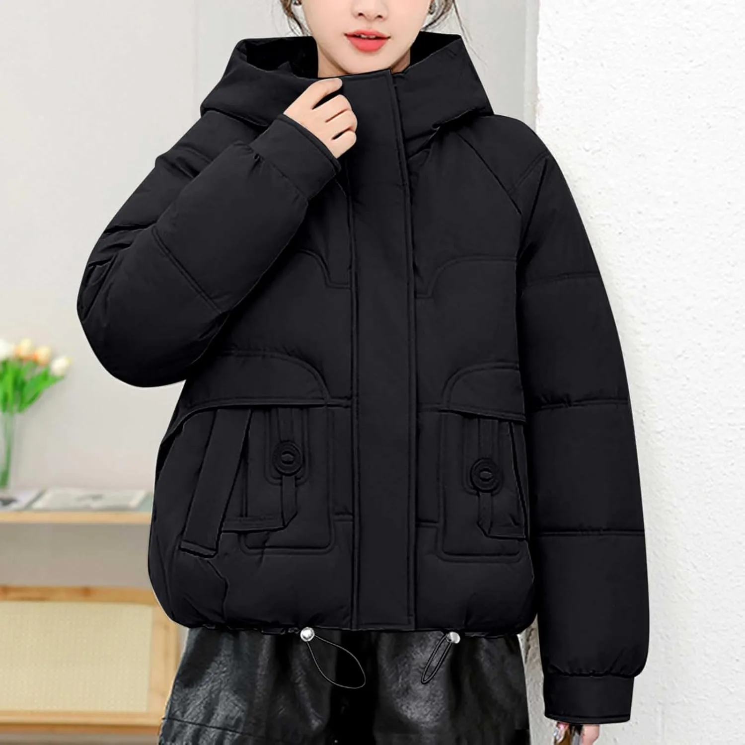 Warm Winter Coats for Women 2025 Trendy Plain Fur Hooded Puffer Jacket Down Coat Zipper Puffy Bread Jackets