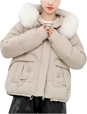 Warm Winter Coats for Women 2025 Trendy Plain Fur Hooded Puffer Jacket Down Coat Zipper Puffy Bread Jackets