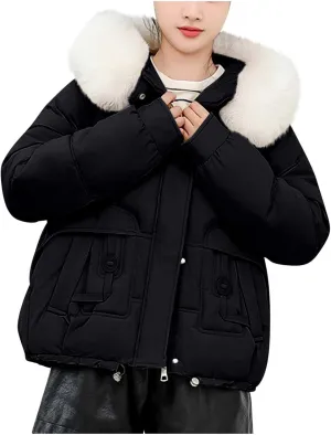 Warm Winter Coats for Women 2025 Trendy Plain Fur Hooded Puffer Jacket Down Coat Zipper Puffy Bread Jackets