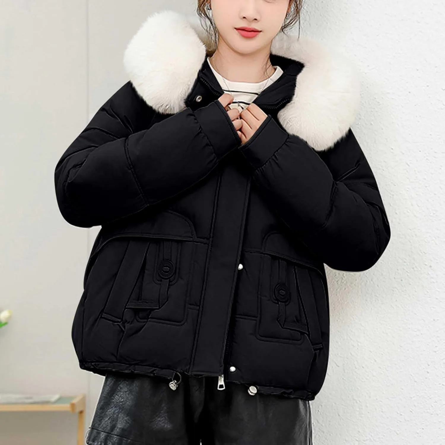 Warm Winter Coats for Women 2025 Trendy Plain Fur Hooded Puffer Jacket Down Coat Zipper Puffy Bread Jackets