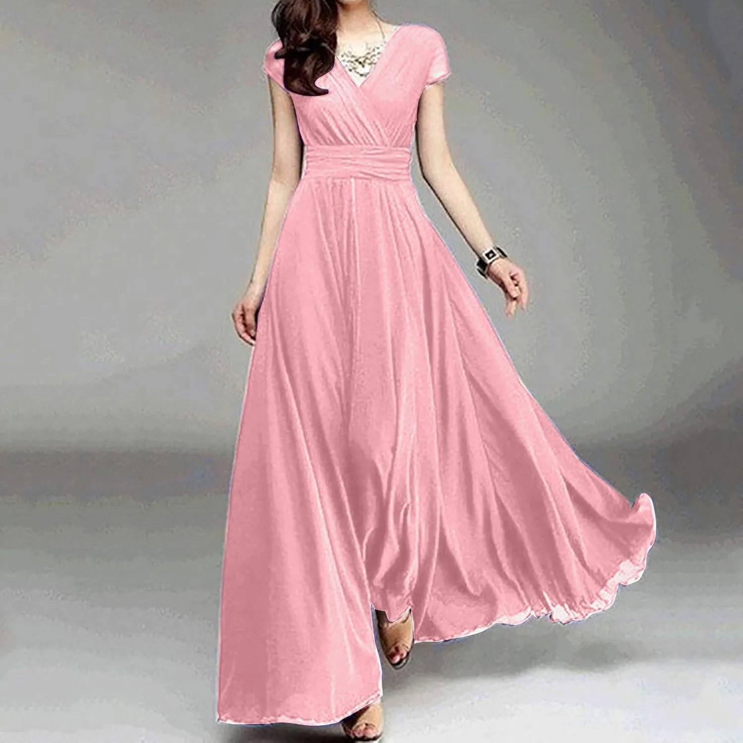 Wedding Guest Dresses for Women Chiffon Cap Sleeve V Neck Maxi Length Evening Ball Gowns Flowy Bridesmaid Dresses