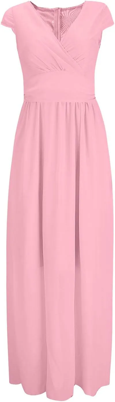 Wedding Guest Dresses for Women Chiffon Cap Sleeve V Neck Maxi Length Evening Ball Gowns Flowy Bridesmaid Dresses