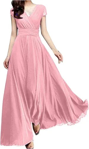 Wedding Guest Dresses for Women Chiffon Cap Sleeve V Neck Maxi Length Evening Ball Gowns Flowy Bridesmaid Dresses