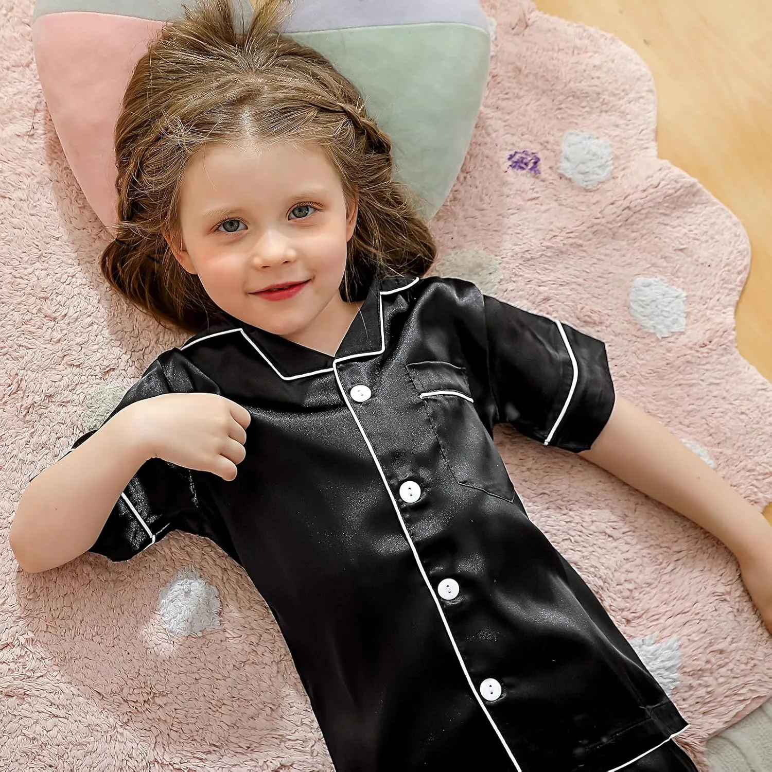 Weixinbuy Pajama Set for Kid Baby Boy Girl Button-up Silk Pajama Sleepwear Nightwear Loungewear Clothes Set Gifts for Kids