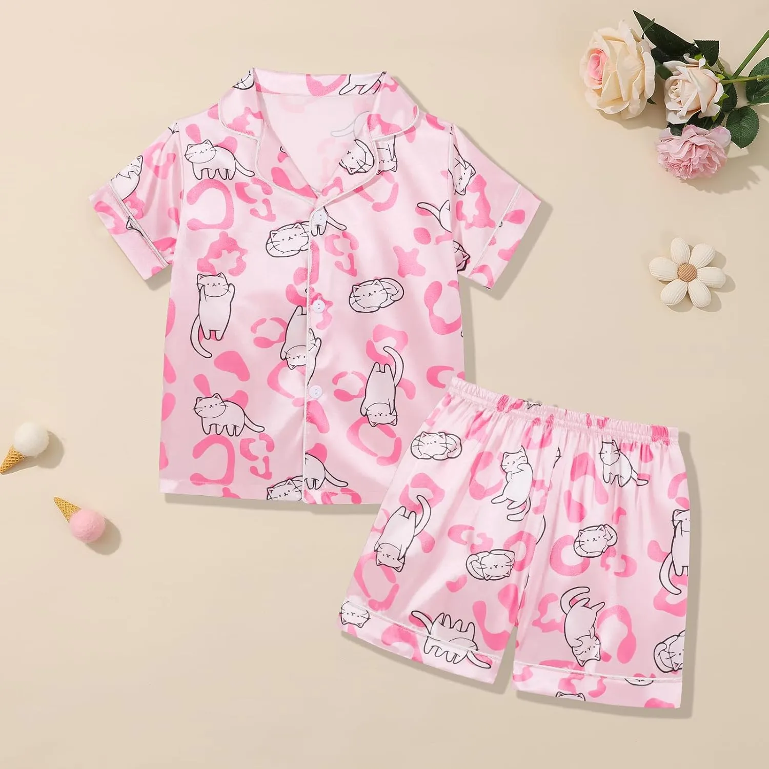 Weixinbuy Toddler Silk Pajamas Short Sleeve Button-Up Summer Pjs for Girls Boys Satin Pajama Sleepwear Set 2-7 Years