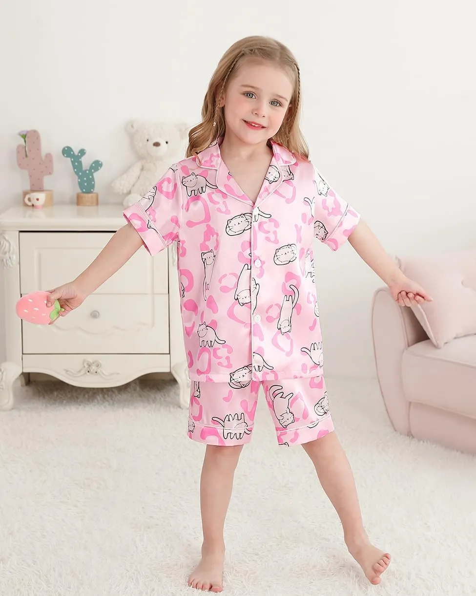 Weixinbuy Toddler Silk Pajamas Short Sleeve Button-Up Summer Pjs for Girls Boys Satin Pajama Sleepwear Set 2-7 Years