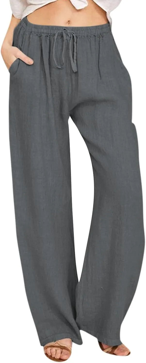 Wide Leg Linen Pants for Women Summer Baggy Comfy Palazzo Pants Drawstring Yoga Pants Casual Beach Pants with Pocket