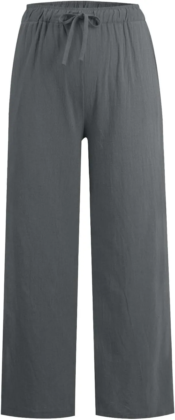 Wide Leg Linen Pants for Women Summer Baggy Comfy Palazzo Pants Drawstring Yoga Pants Casual Beach Pants with Pocket