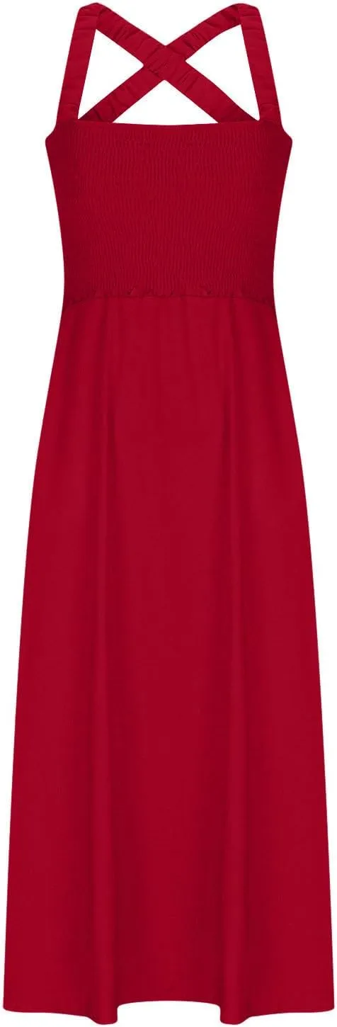 Wide Strap Maxi Dresses for Women Summer Vocation Boho Beach Long Dress Sleeveless Mid Calf Temperament Elegant Gowns
