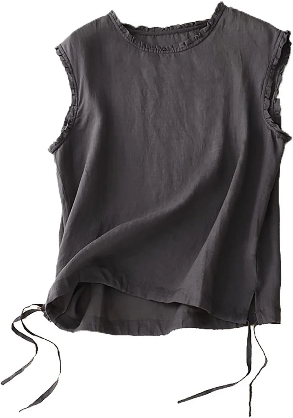 Wide Strap Tank Tops for Women Sleeveless Ruffled Crewneck Casual Drawstring Hem Cotton Linen Summer Vest Tops