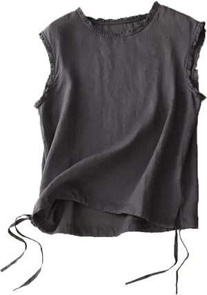 Wide Strap Tank Tops for Women Sleeveless Ruffled Crewneck Casual Drawstring Hem Cotton Linen Summer Vest Tops