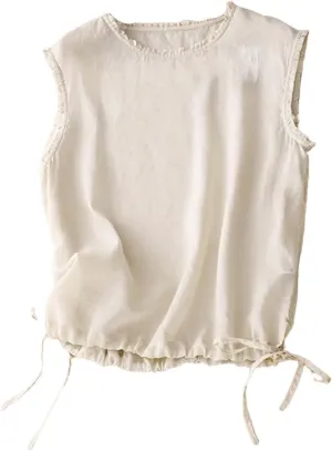 Wide Strap Tank Tops for Women Sleeveless Ruffled Crewneck Casual Drawstring Hem Cotton Linen Summer Vest Tops