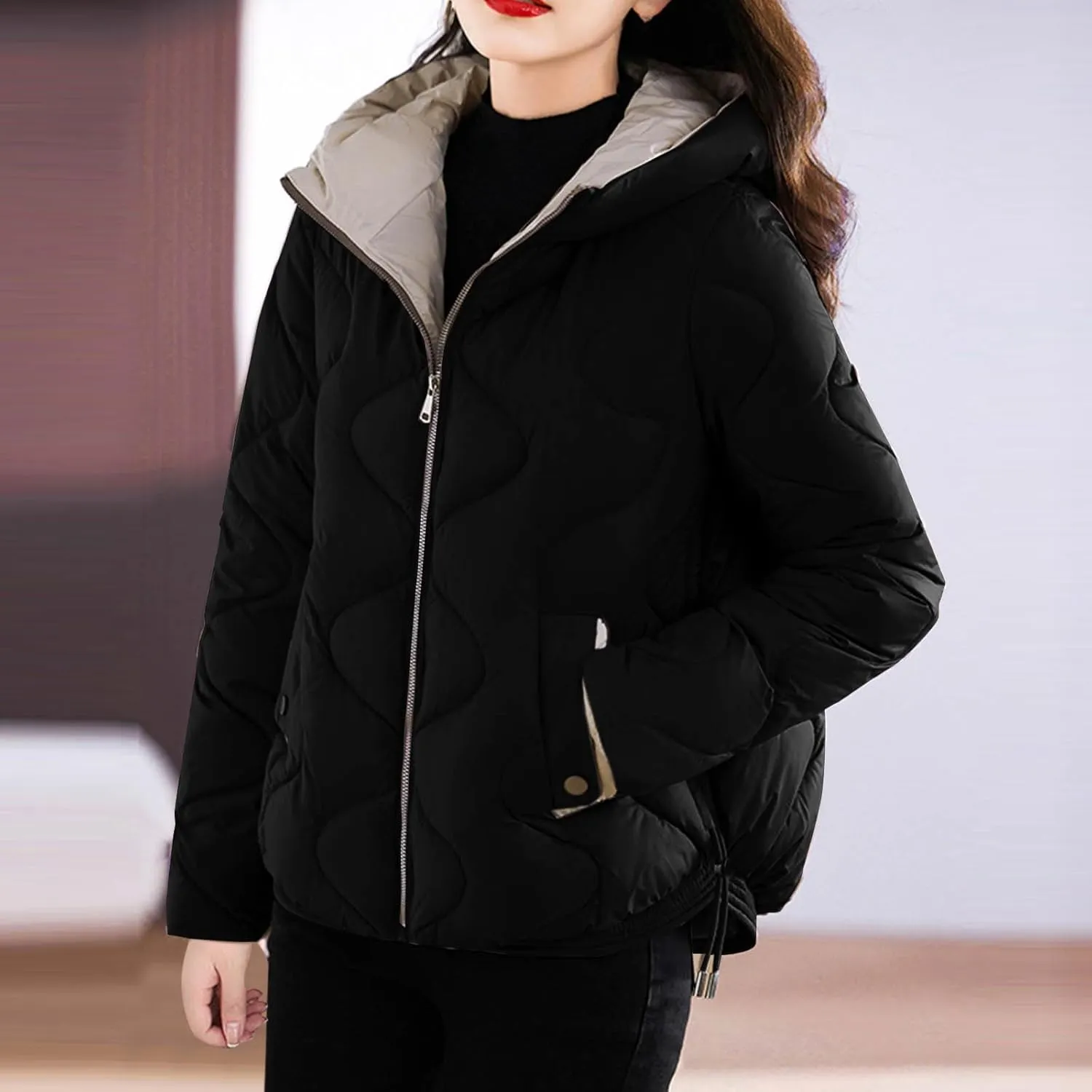 Winter Coats for Women 2024 Quilted Long Sleeve Zip Hooded Short Down Jacket Coats Warm Baggy Lounge Puffer Outerwear