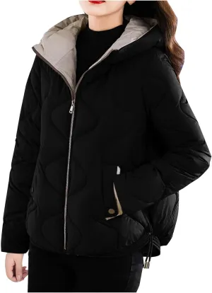 Winter Coats for Women 2024 Quilted Long Sleeve Zip Hooded Short Down Jacket Coats Warm Baggy Lounge Puffer Outerwear