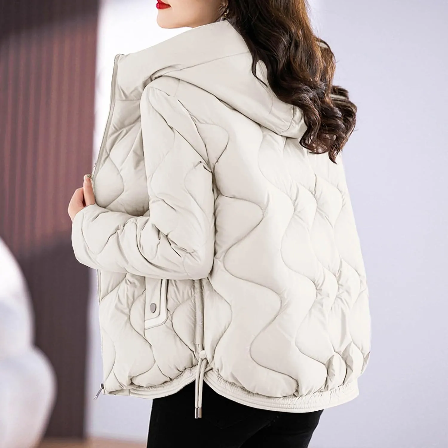 Winter Coats for Women 2024 Quilted Long Sleeve Zip Hooded Short Down Jacket Coats Warm Baggy Lounge Puffer Outerwear