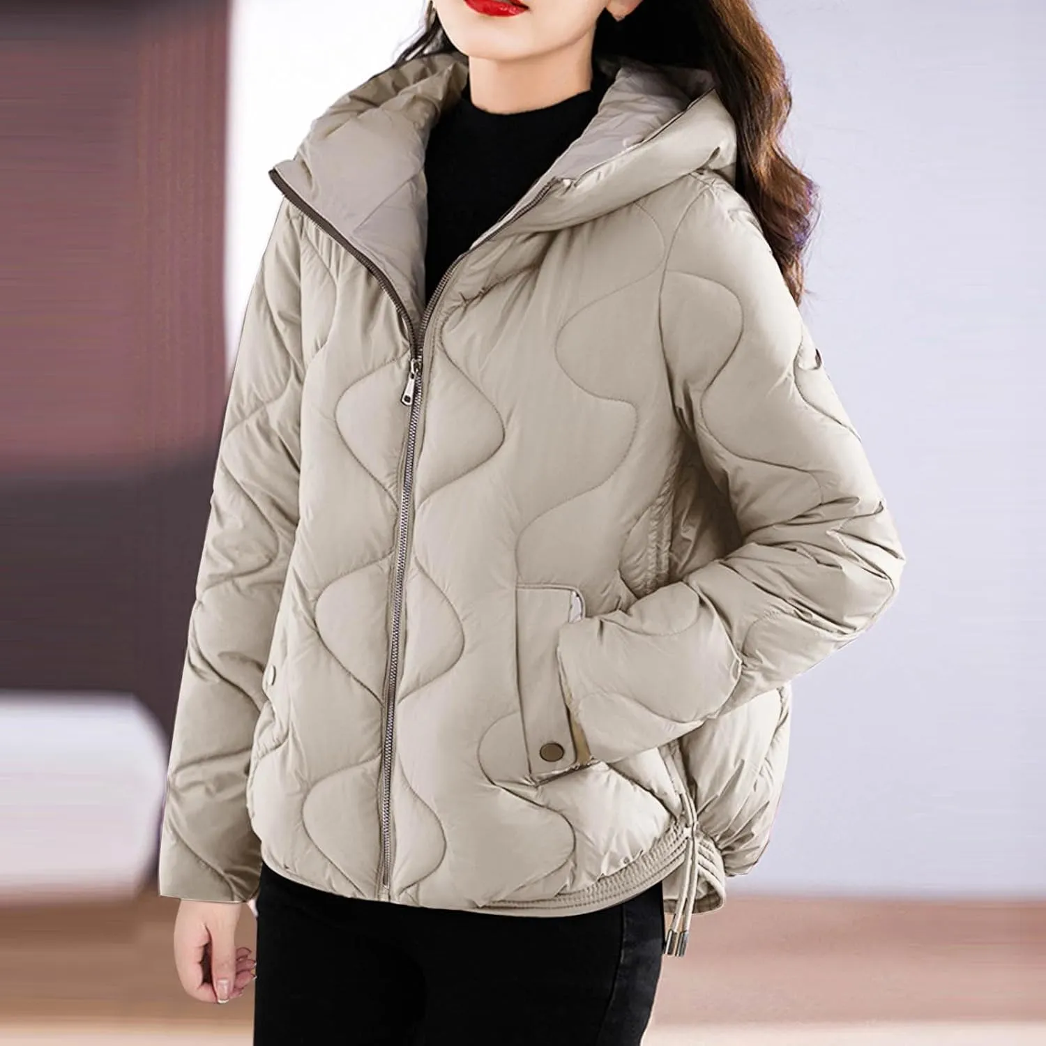 Winter Coats for Women 2024 Quilted Long Sleeve Zip Hooded Short Down Jacket Coats Warm Baggy Lounge Puffer Outerwear