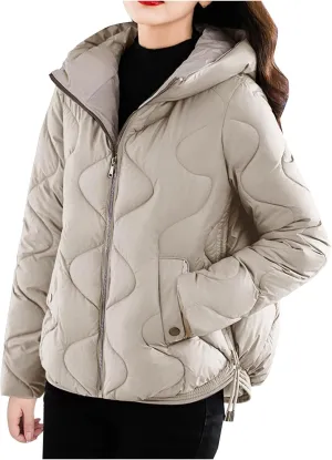 Winter Coats for Women 2024 Quilted Long Sleeve Zip Hooded Short Down Jacket Coats Warm Baggy Lounge Puffer Outerwear
