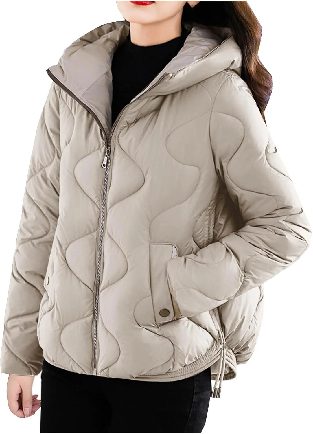 Winter Coats for Women 2024 Quilted Long Sleeve Zip Hooded Short Down Jacket Coats Warm Baggy Lounge Puffer Outerwear