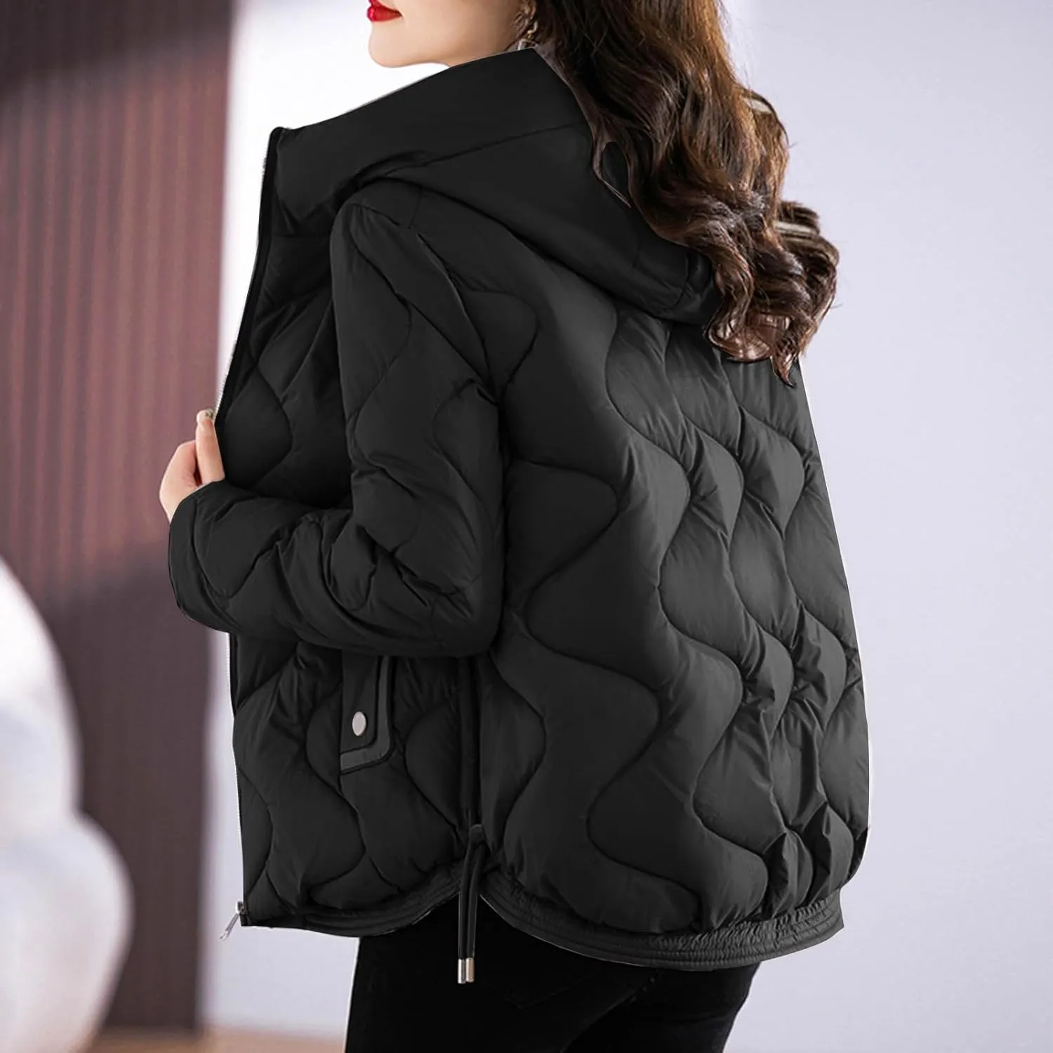 Winter Coats for Women 2024 Quilted Long Sleeve Zip Hooded Short Down Jacket Coats Warm Baggy Lounge Puffer Outerwear