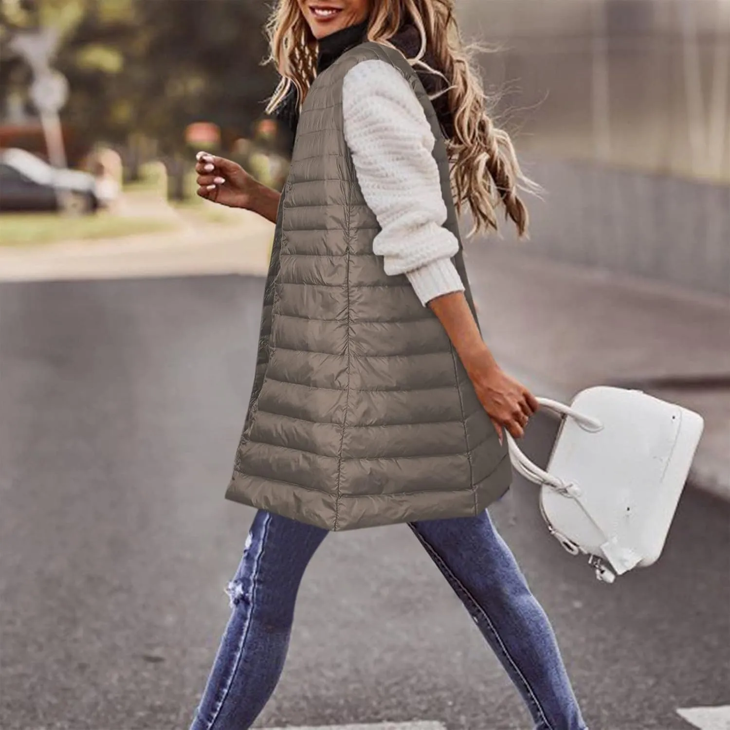 Winter Vests for Women Down Puffer Solid Round Neck 2023 Winter Light Weight Coats with Pockets Warm Down Coats