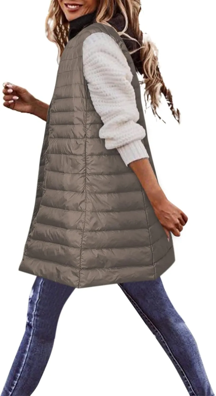 Winter Vests for Women Down Puffer Solid Round Neck 2023 Winter Light Weight Coats with Pockets Warm Down Coats