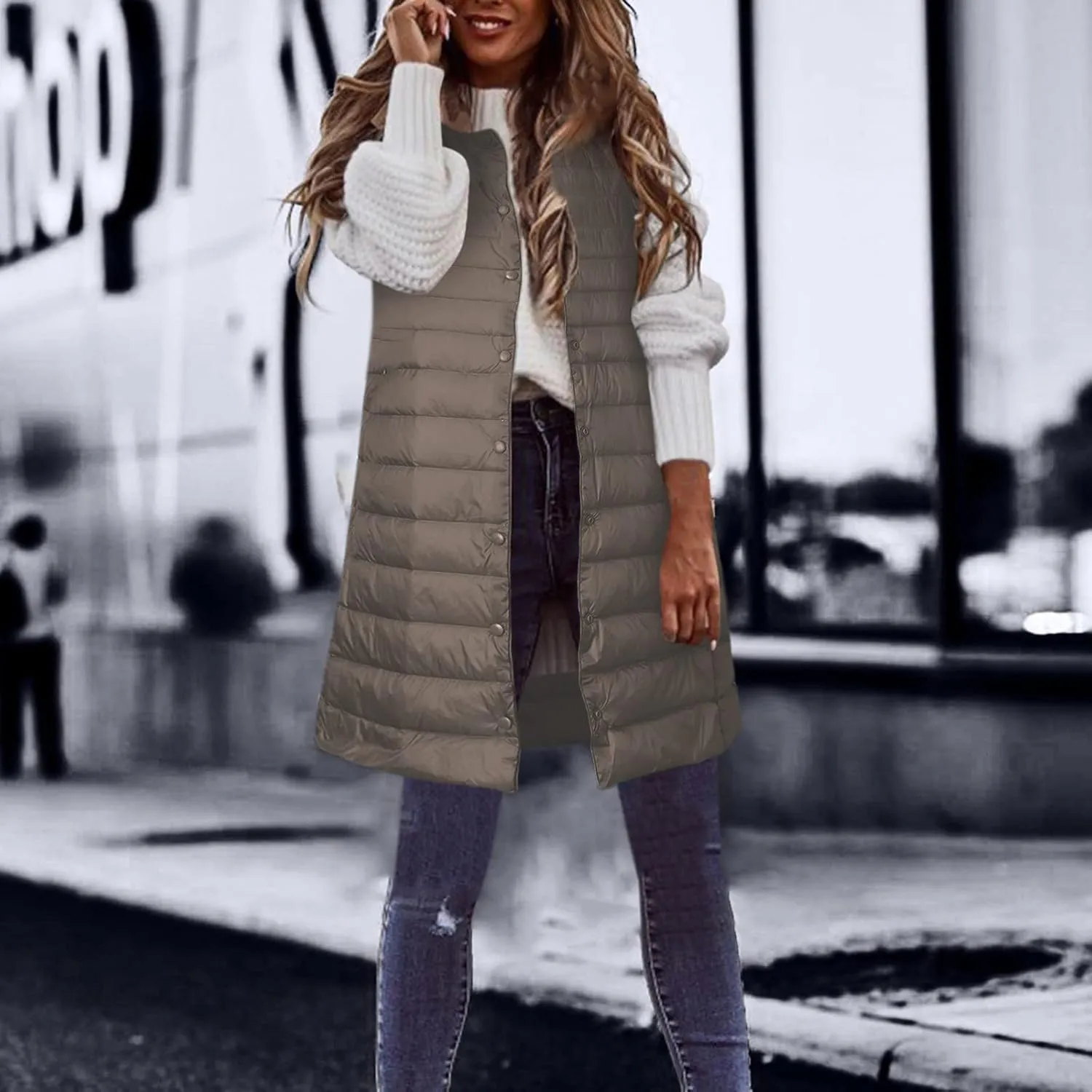 Winter Vests for Women Down Puffer Solid Round Neck 2023 Winter Light Weight Coats with Pockets Warm Down Coats