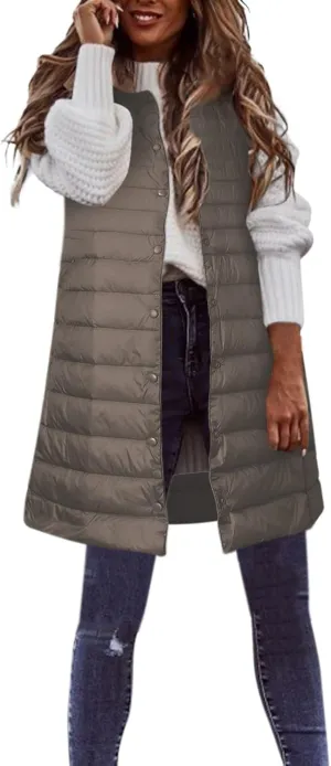 Winter Vests for Women Down Puffer Solid Round Neck 2023 Winter Light Weight Coats with Pockets Warm Down Coats