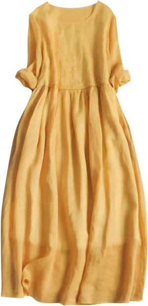Women Bohemian Cotton Linen Dresses 3/4 Sleeve Maxi Long Dress Plain Classic Dresses Trendy Boho Dress with Belt