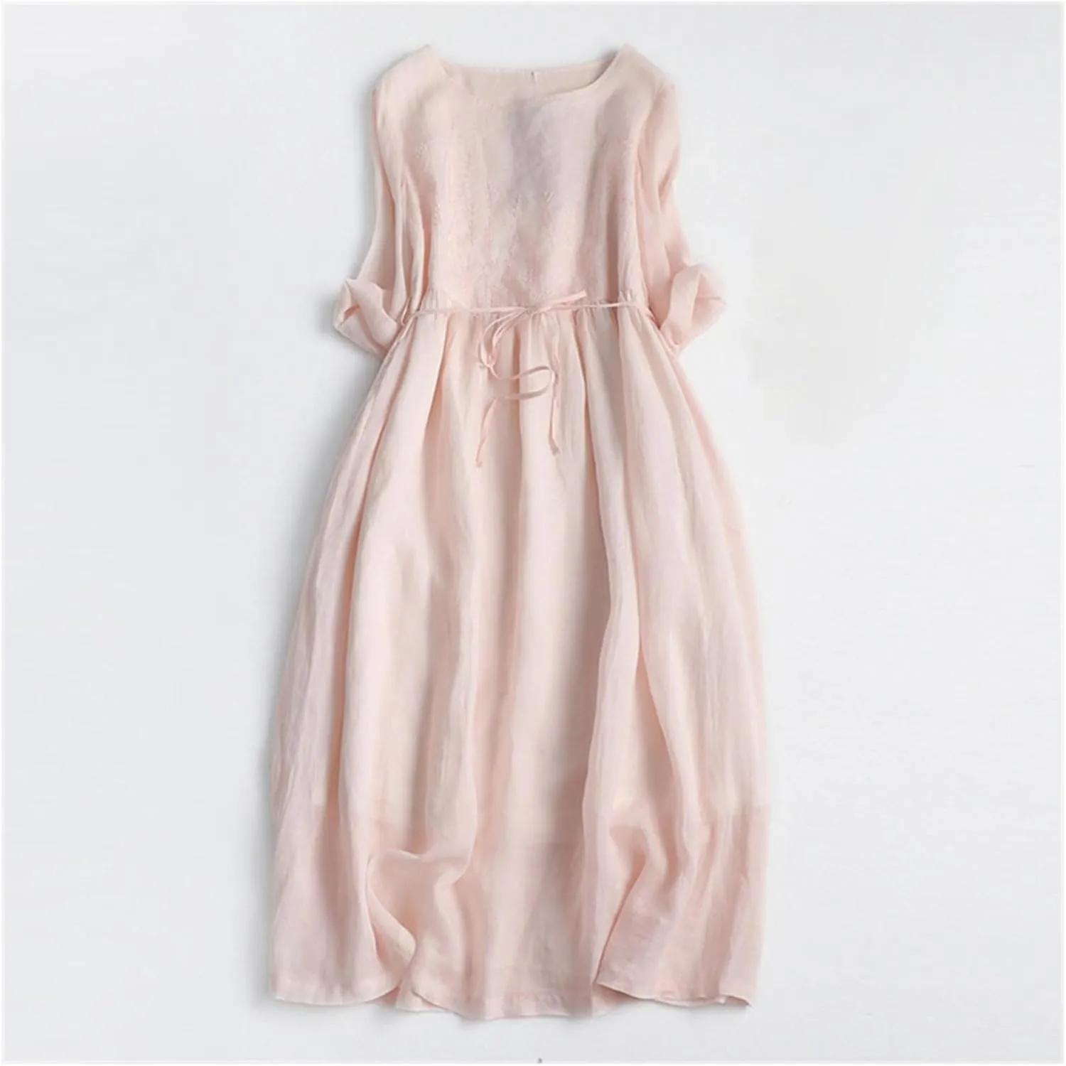 Women Bohemian Cotton Linen Dresses 3/4 Sleeve Maxi Long Dress Plain Classic Dresses Trendy Boho Dress with Belt