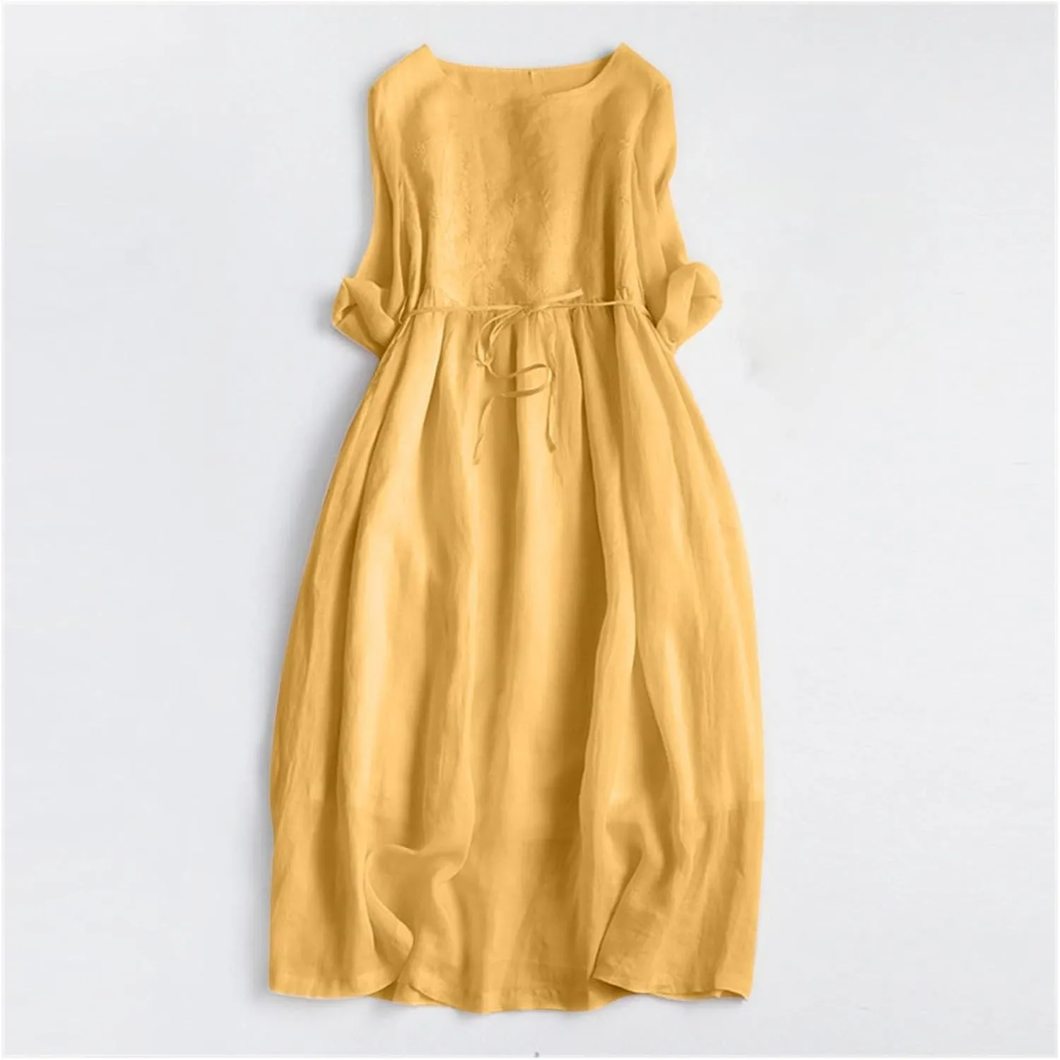 Women Bohemian Cotton Linen Dresses 3/4 Sleeve Maxi Long Dress Plain Classic Dresses Trendy Boho Dress with Belt