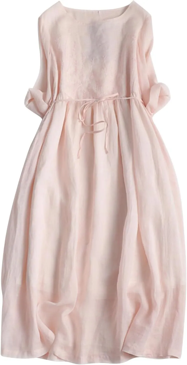 Women Bohemian Cotton Linen Dresses 3/4 Sleeve Maxi Long Dress Plain Classic Dresses Trendy Boho Dress with Belt
