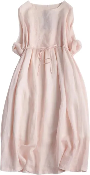 Women Bohemian Cotton Linen Dresses 3/4 Sleeve Maxi Long Dress Plain Classic Dresses Trendy Boho Dress with Belt