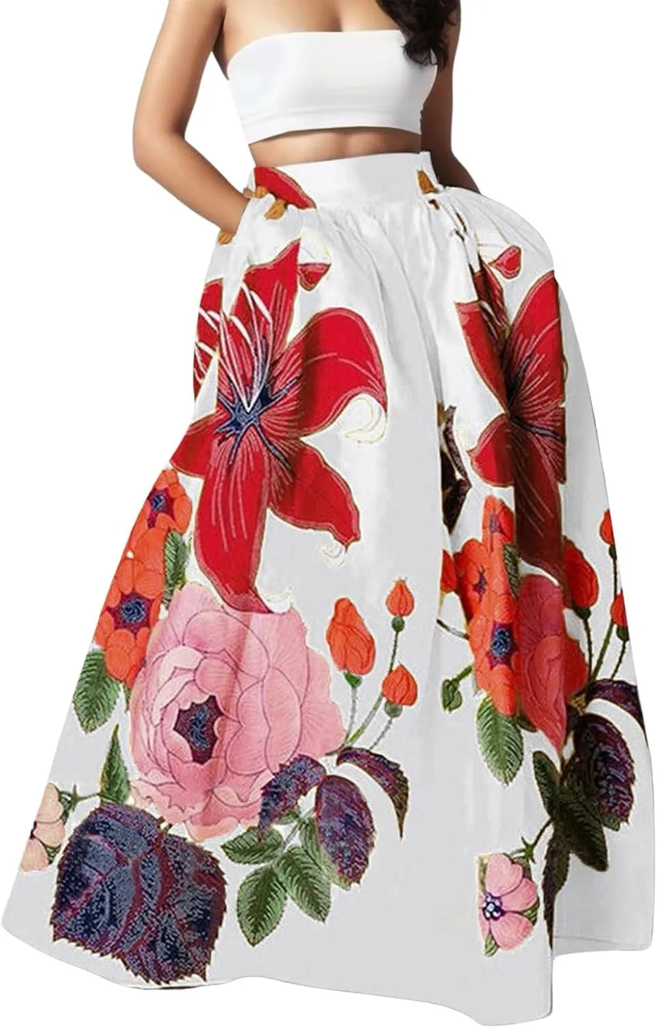 Women Boho Floral Printed Maxi Skirt Summer Beach High Waisted Mopping Floor Length A Line Long Skirts with Pockets