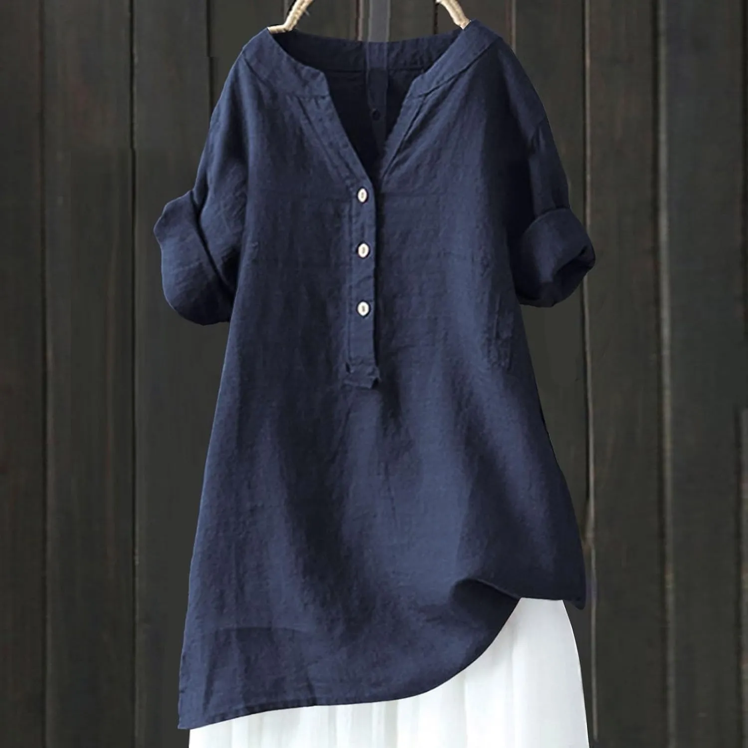 Women Button Down Collar Shirts V Neck Short Sleeve Linen Summer Casual Work Blouse Top Loose T Shirt