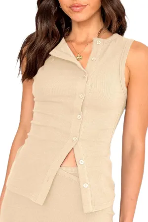 Women Button Down Tank Vest Casual Slim Fit Sleeveless Ribbed Knit Shirt Y2k Skinny Going Out Crewneck Tank Crop Top