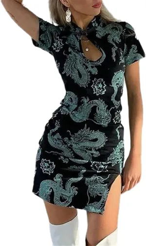 Women Cheongsam Mini/Maxi Dress Stand-up Collar Chinese Style Element Dragon Print/Solid Side Split Bodycon Dress Streetwear