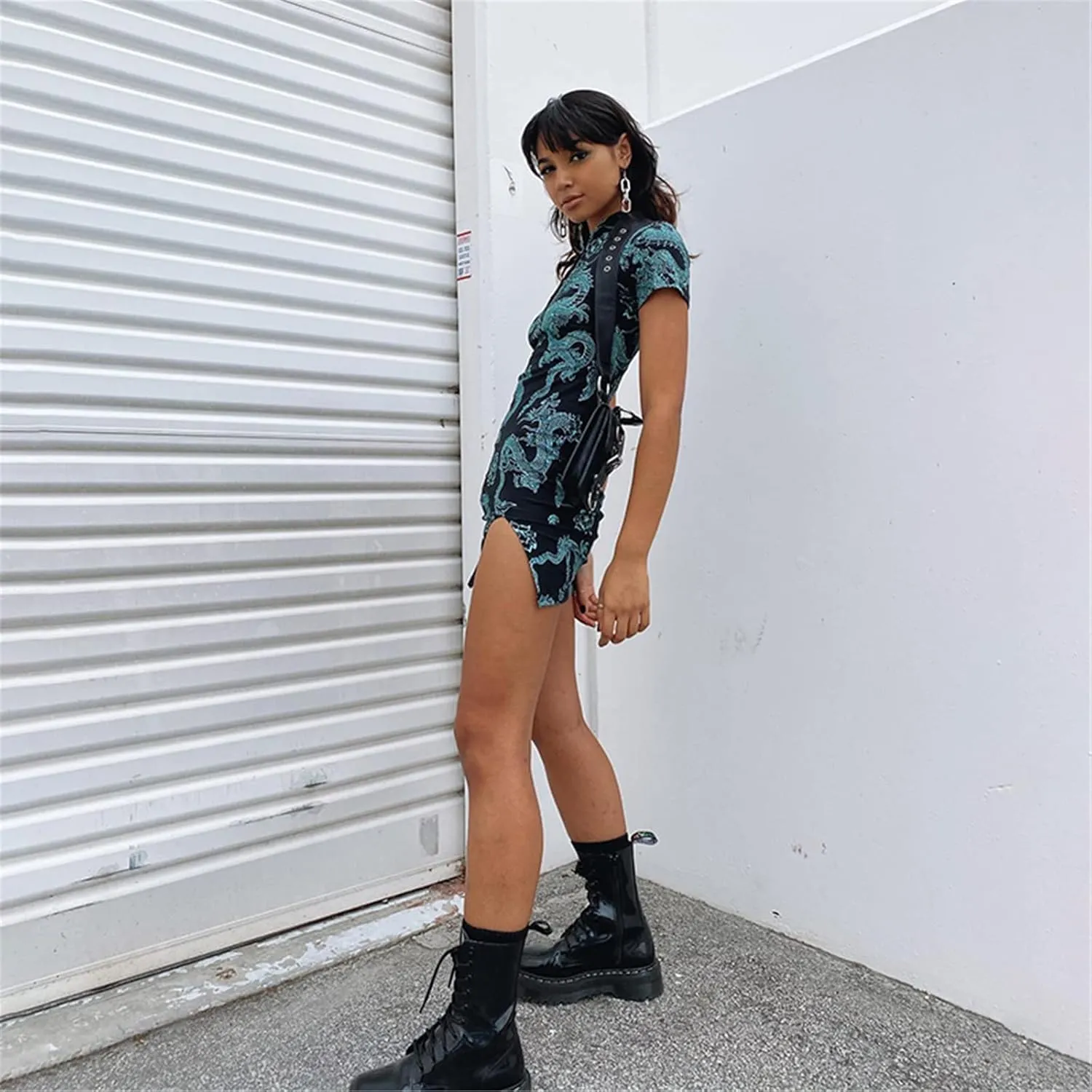 Women Cheongsam Mini/Maxi Dress Stand-up Collar Chinese Style Element Dragon Print/Solid Side Split Bodycon Dress Streetwear