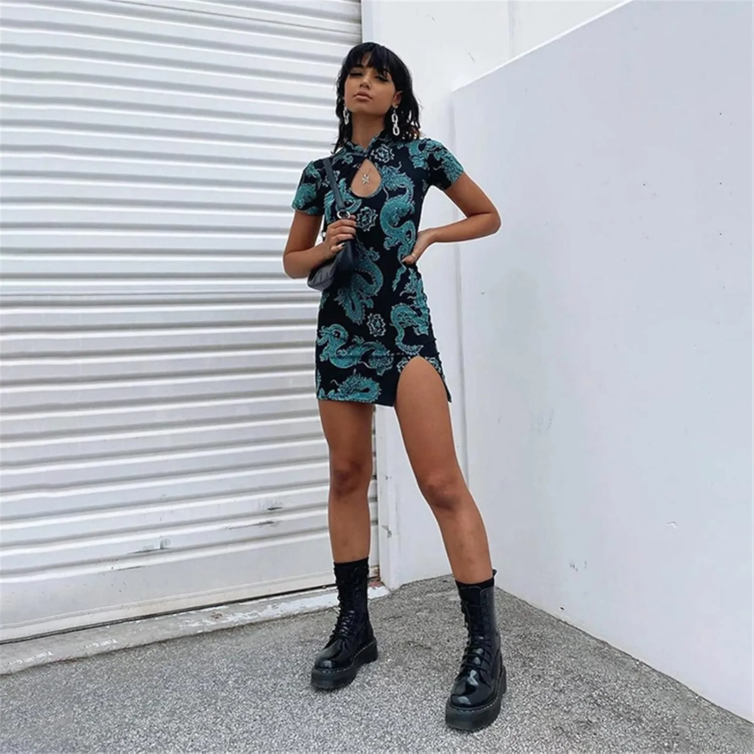 Women Cheongsam Mini/Maxi Dress Stand-up Collar Chinese Style Element Dragon Print/Solid Side Split Bodycon Dress Streetwear