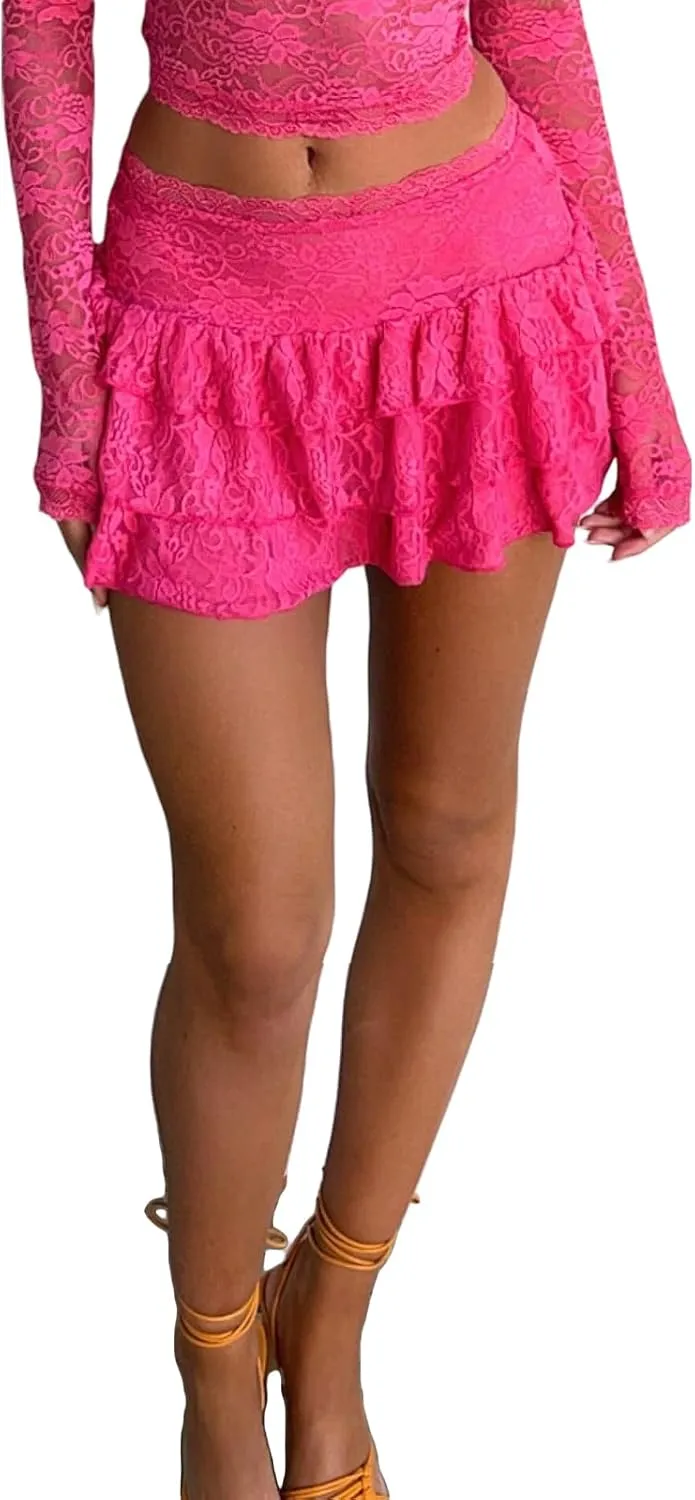 Women Cosplay Floral Lace Mini Skirts Sexy Ruffle Pleated Layered Short Skirt Low Waist Flowy Lace Skirts