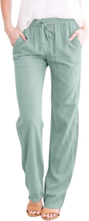 Women Cotton Linen Casual Pants Straight Leg Drawstring Elastic High Waist Loose Trousers with Pockets Relaxed Lounge Wide