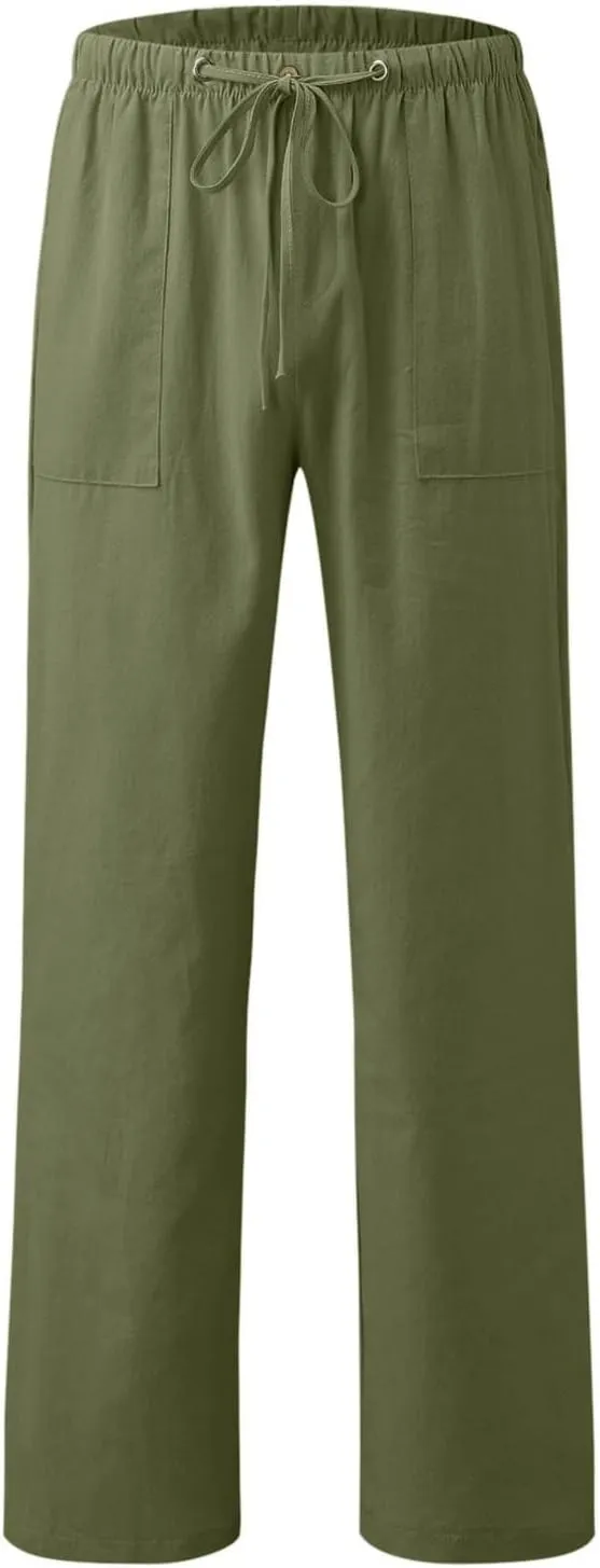Women Cotton Linen Casual Pants Straight Leg Drawstring Elastic High Waist Loose Trousers with Pockets Relaxed Lounge Wide