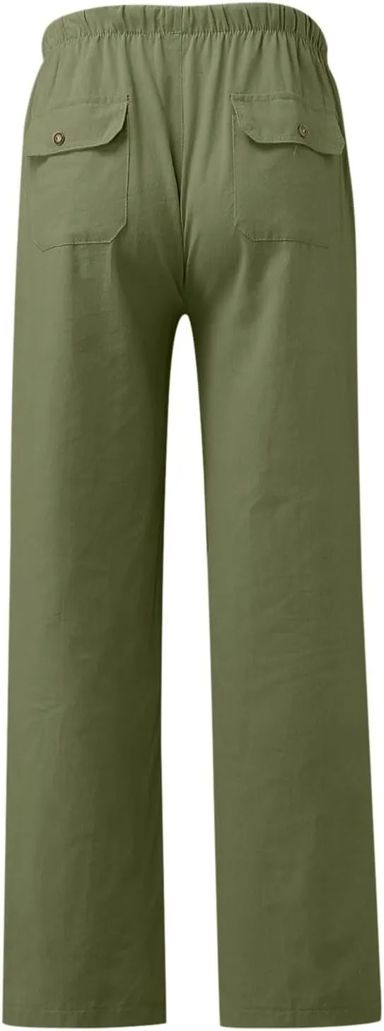 Women Cotton Linen Casual Pants Straight Leg Drawstring Elastic High Waist Loose Trousers with Pockets Relaxed Lounge Wide