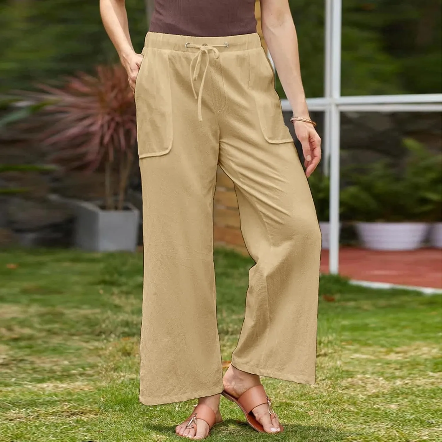 Women Cotton Linen Casual Pants Straight Leg Drawstring Elastic High Waist Loose Trousers with Pockets Relaxed Lounge Wide