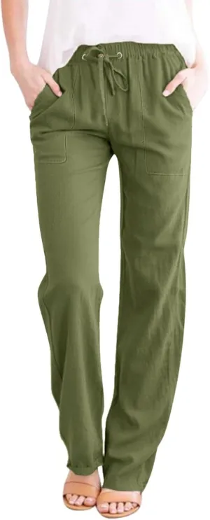Women Cotton Linen Casual Pants Straight Leg Drawstring Elastic High Waist Loose Trousers with Pockets Relaxed Lounge Wide