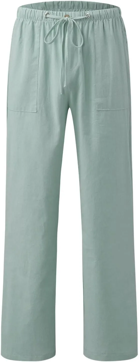 Women Cotton Linen Casual Pants Straight Leg Drawstring Elastic High Waist Loose Trousers with Pockets Relaxed Lounge Wide